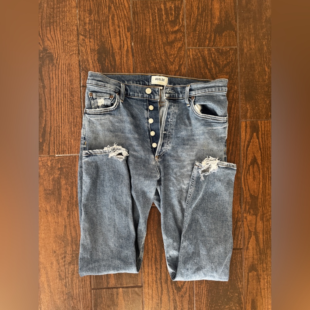 AGOLDE Button Fly Straight Leg Jeans | Distressed Knees | Vintage Wash